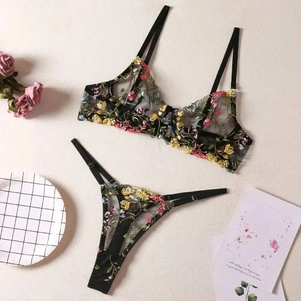 Versatile Transparent Lingerie Set Push Up Ultra-thin Panties Bra Set Elegant Embroidery Floral Underwear Girl — image 3