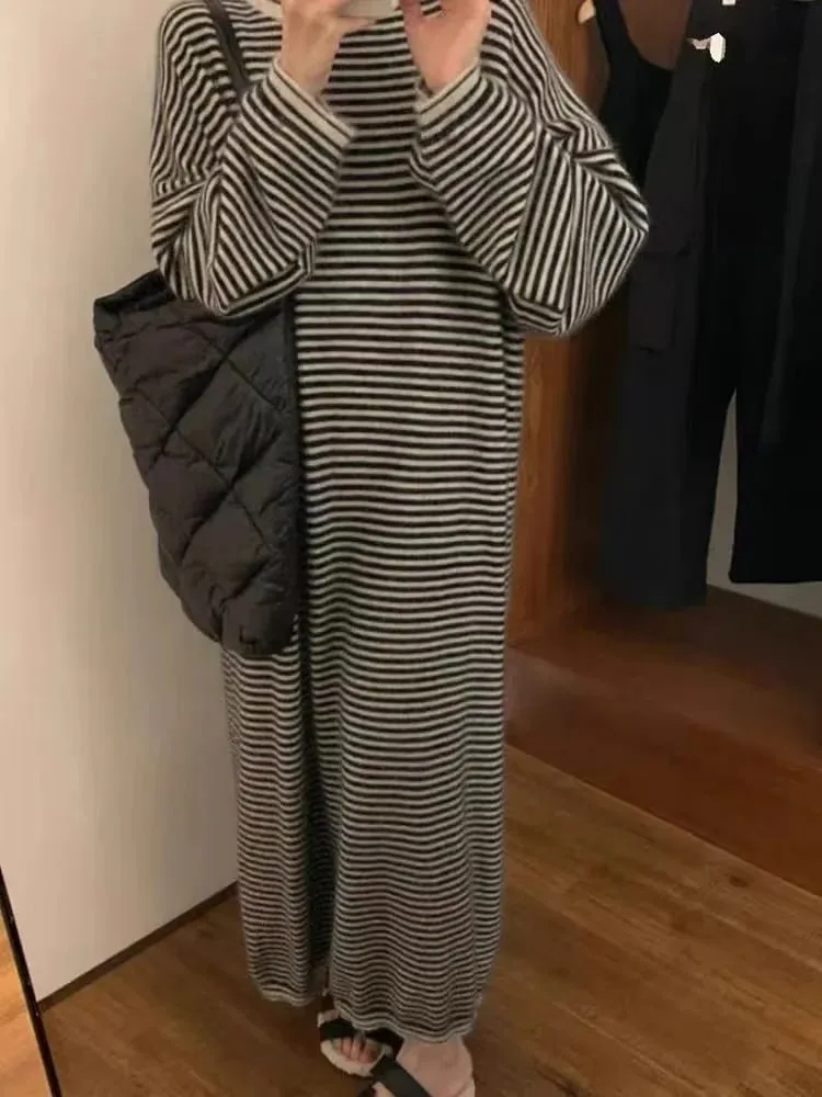 Lazy and Comfortable 100% Pure Cashmere Straight Striped Dress Joker Knit Bottoming Shirt Sweater Skirt in Autumn and Winter — image 5