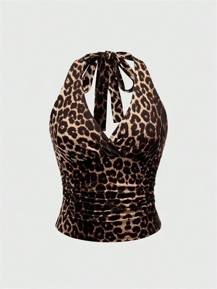 Solid V-neck Backless Halter Crop Top for Women Summer Sexy Y2K Sleeveless Ruched Top Streetwear — image 8