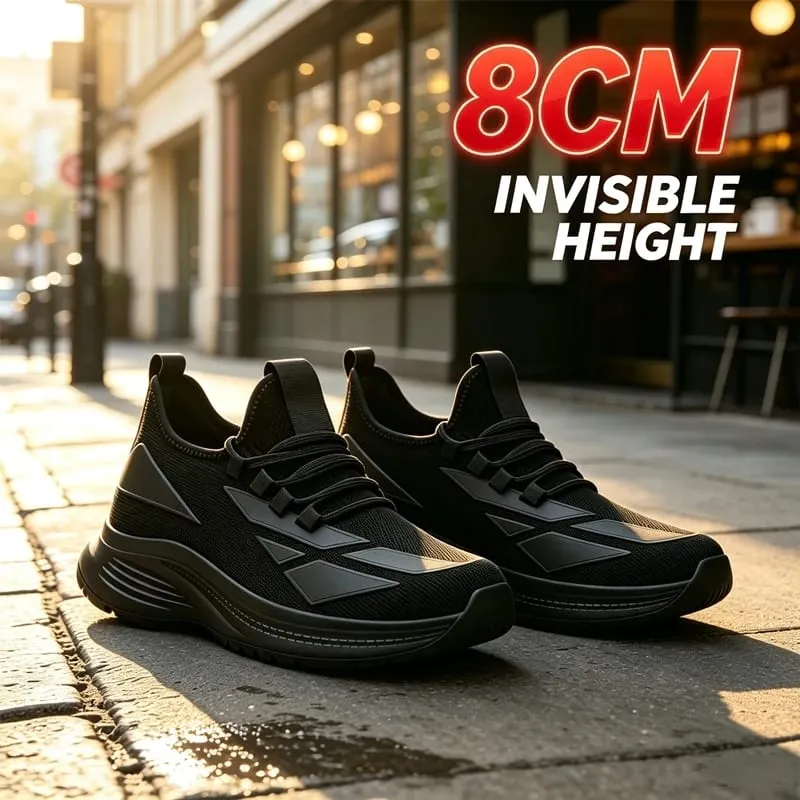 Men All Black Breathable Mesh Elevator Shoes 8Cm Invisible Height Increase Non Slip Casual Sports Daily Walking Workout Sneakers