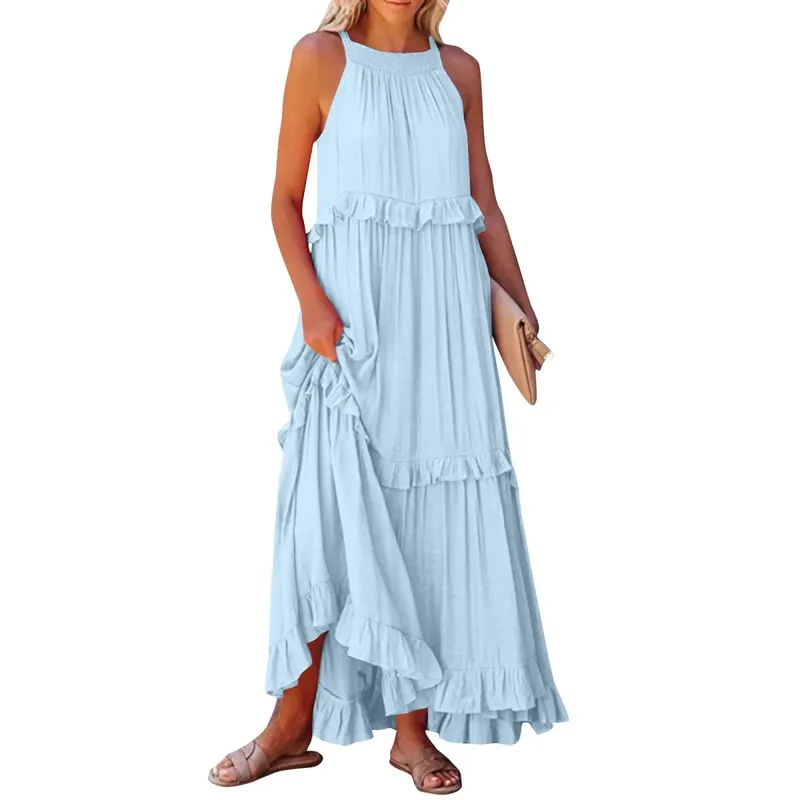 Women Casual Solid Ruffles Long Dress Summer Elegant Sleeveless Sundress Elegant Harajuku Maxi Dress Beach Party Evening Vestido — image 14