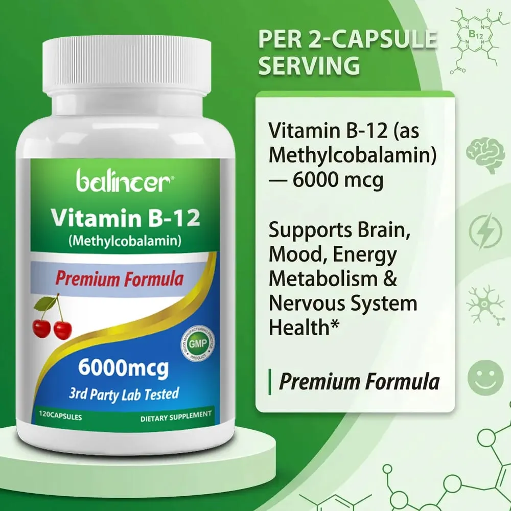 Vitamin B12 Supplement 6000mcg - Energy Brain Memory Mood Heart Function Nervous & Immune System Support 30/60/120 Capsules
