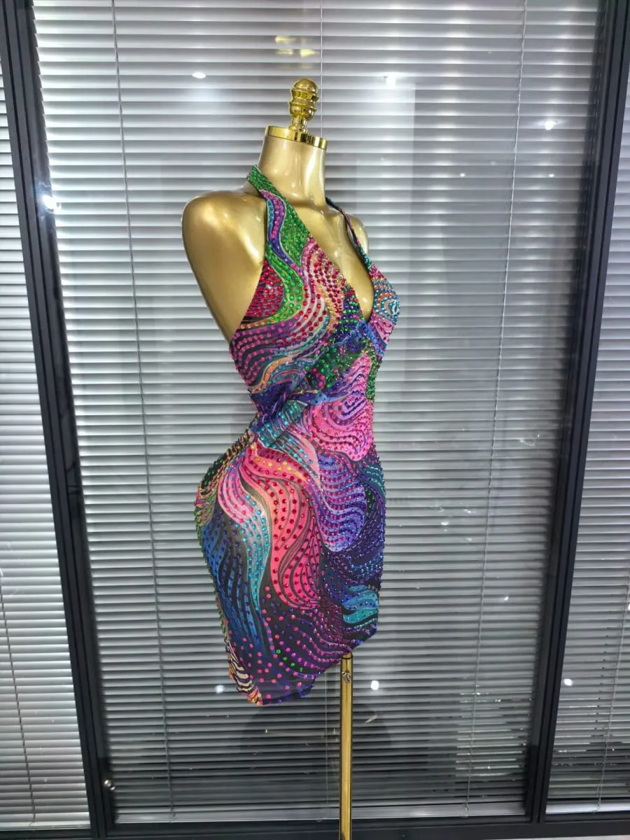 Blue Color Women Sexy Halter Backless Shinning Chain Bodycon Mini Dress Celebrate Nightclub Party Performance Costume Stage Wear — image 5