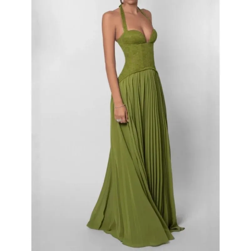 Green Fishbone Corset Halter Maxi Dress Women Backless Off Shoulder Pleated Patchwork Slim Dresses Lady Christmas Party Gown New — image 3