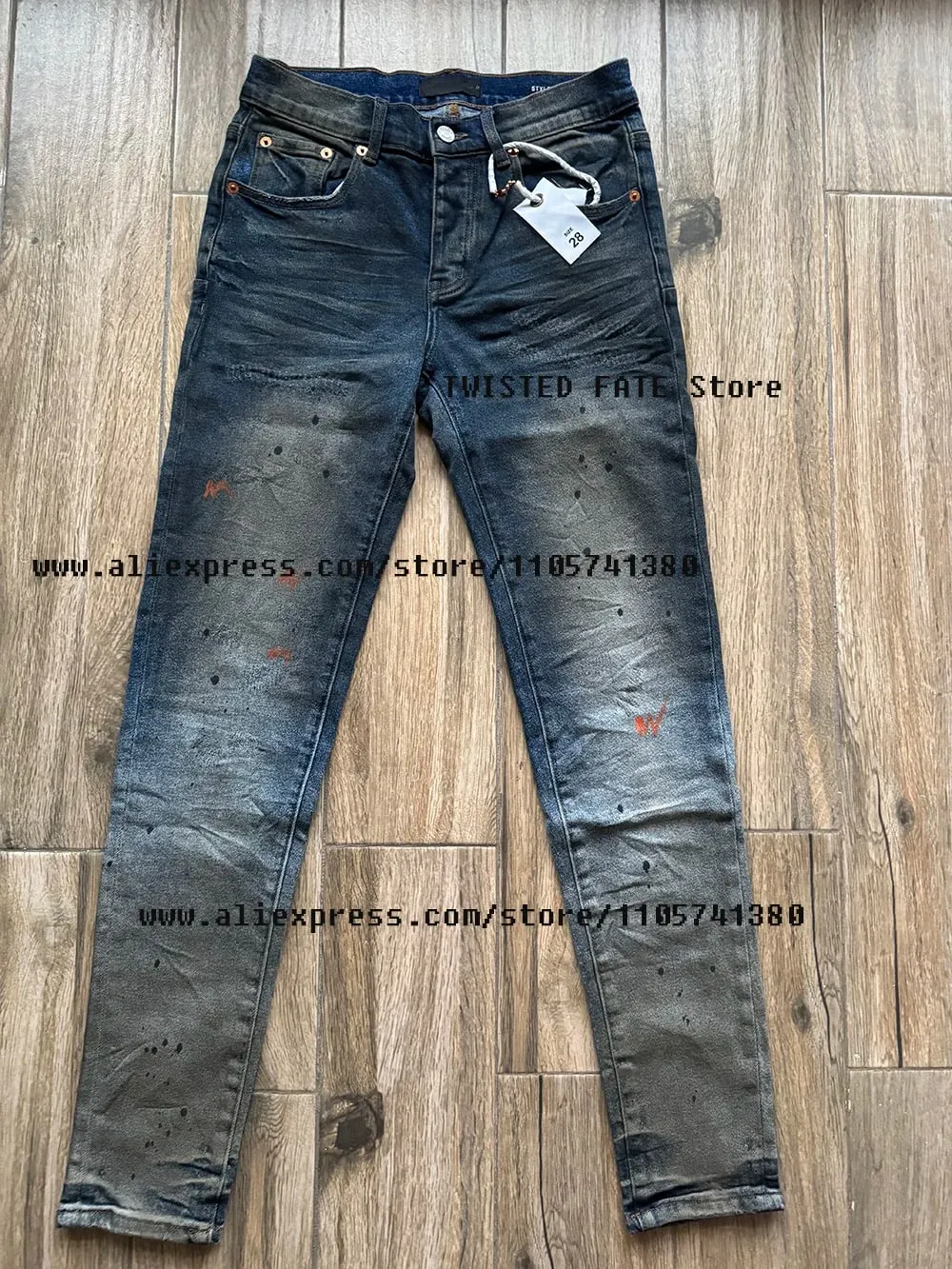 Men's American High Street Distressed Dirty Washed Indigo Spray Painted Stretch Skinny & Slim Fit Graffiti Streetwear Jeans