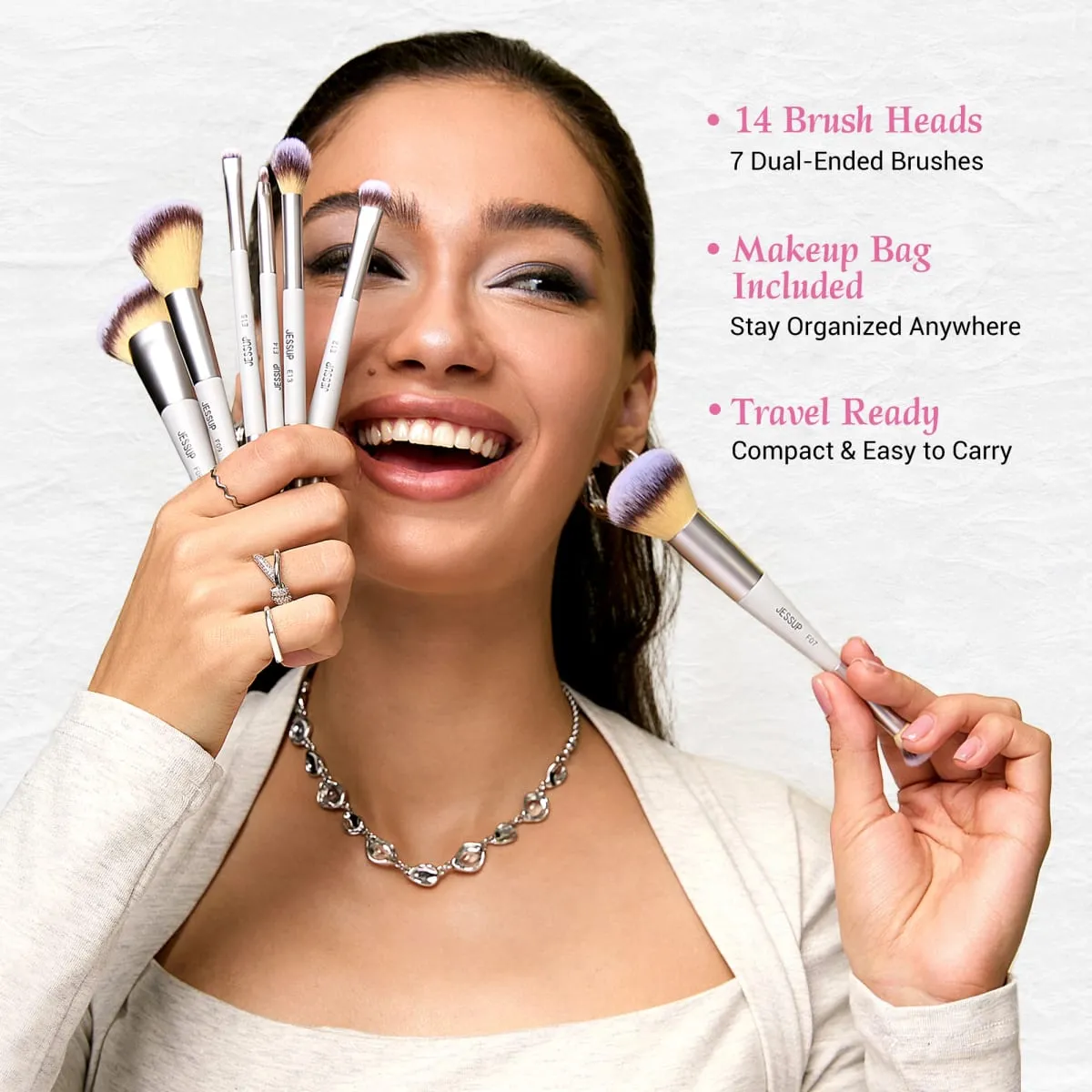 Jessup Juego de brochas de maquillaje, 3/7 Uds., base sintética de doble punta, colorete, resaltado, mezcla de brochas para cejas con bolsa, gris silencioso T520