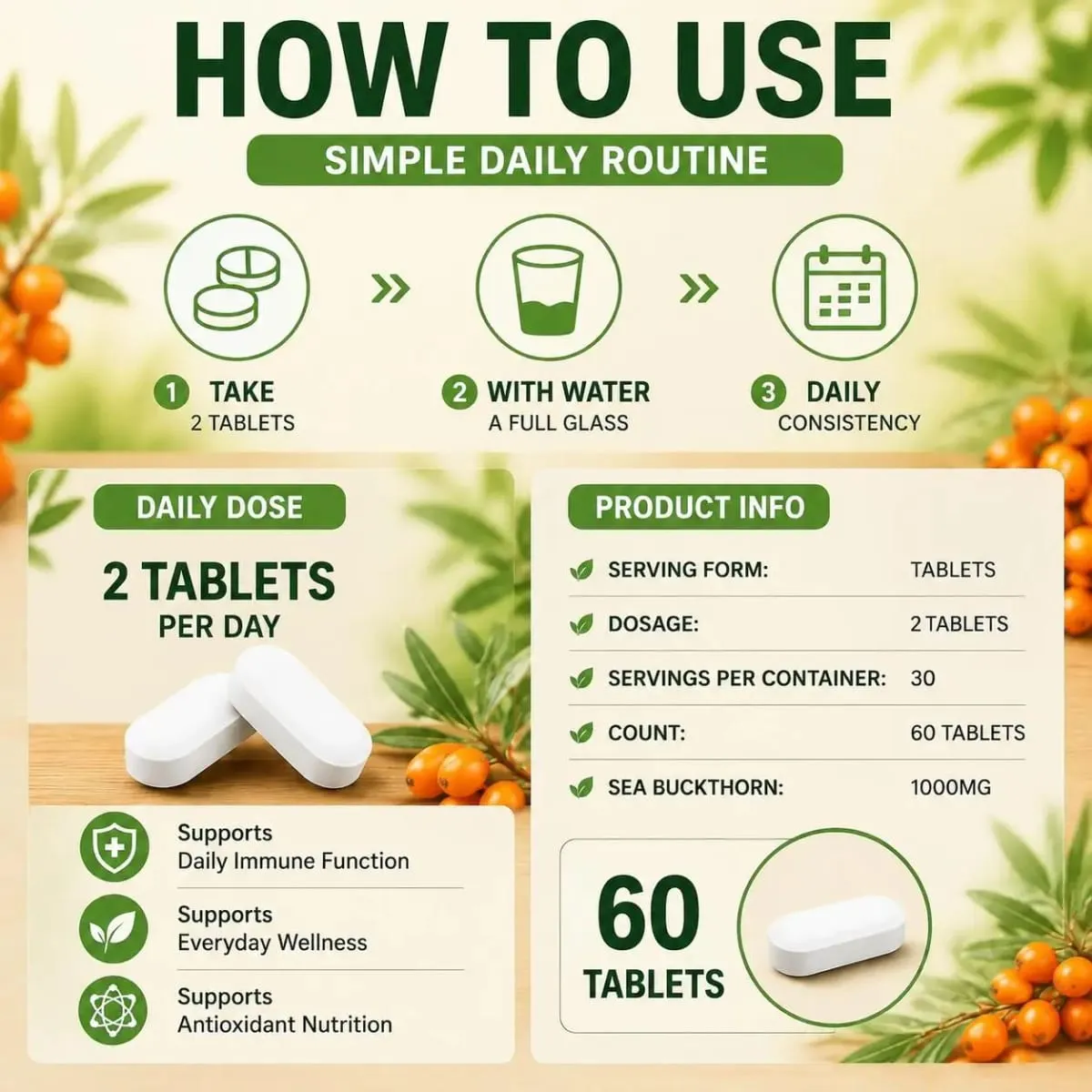 Docteat Sea Buckthorn 1000mg Tablets Daily Immune Function Support Antioxidant Nutrition Vitamin C Zinc Vitamin D3 60 Tablets — image 6