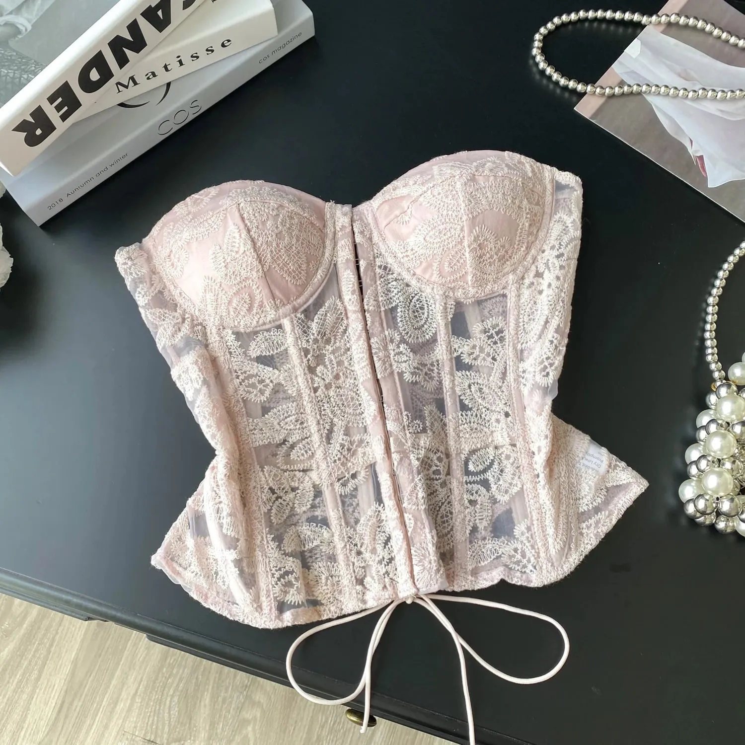 Floral Embroidery Sexy Club Top Female Strapless Slim Corset Backless Tank Top French Lace Up Basics Sheer Camisole — image 8
