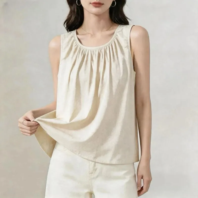 Street Casual Pleated Solid Simplicity All-match Tops Summer New Sleeveless Loose Elegant T Shirts Fashion Trend Women Clothing — image 2