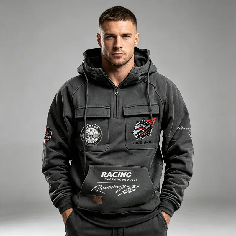 Men's Racing Suit With Large Pockets And Hooded Pullover. Men's Multi-pocket Outdoor Camping Hiking Sports Casual Jacket. — image 7