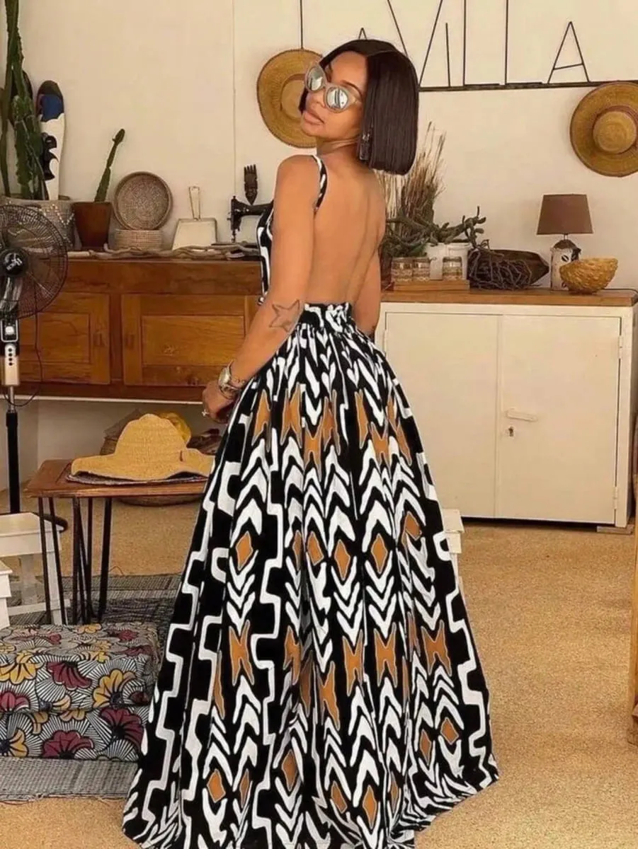 Womens African Print V Neck Backless Maxi Dress Sleeveless High Waist A Line Long Dress Summer Beach Party Elegant Outfit — image 3
