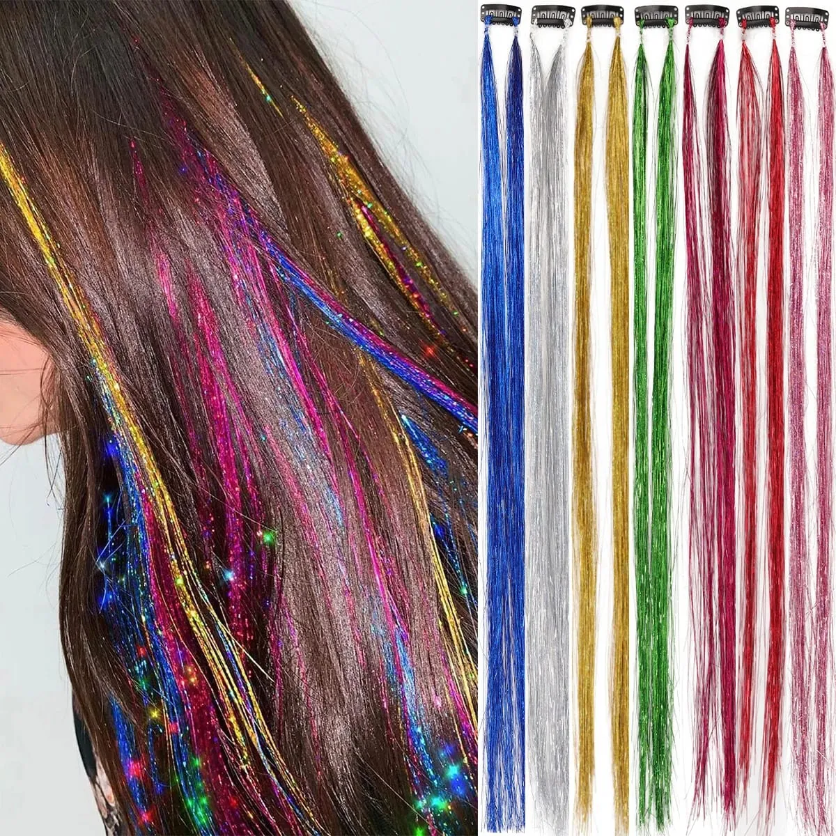 24 inch 1Pcs Colored Hair Extensions with Tinsel Long Straight Hairpiece Color Party Highlights Clip in Synthetic Hair Extension — image 2
