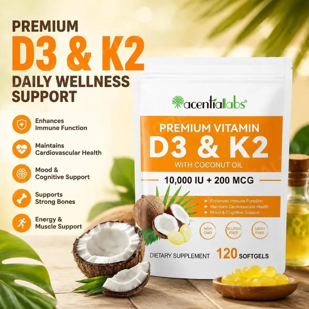 AcentiaLabs Vitamin D3 & K2 Softgels with Coconut Oil Immune Function and Bone Support Gluten Free Non-GMO 120 Softgels — image 2