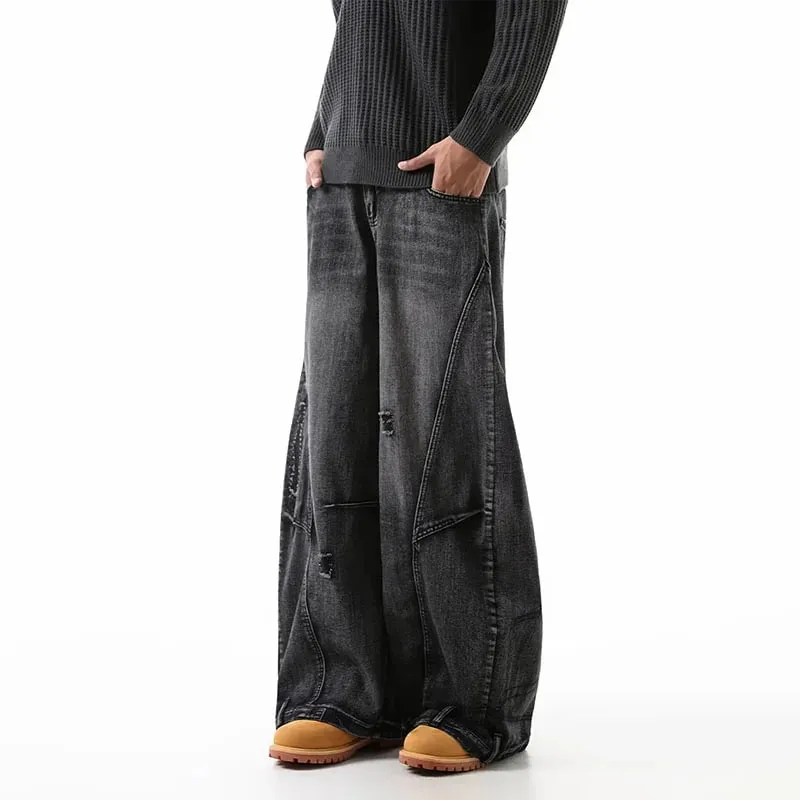 Korean Retro Plus Size Ripped Jeans Men'S Wide Leg Curved Pants Fashionable Casual Loose Straight Leg Pants — image 5