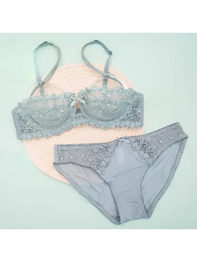 Sexy Lace Bra Set Women Plus Size Sheer Half Cup Push Up Lingerie Ultra Thin Transparent Concealed Nipple Underwear Hot — image 1