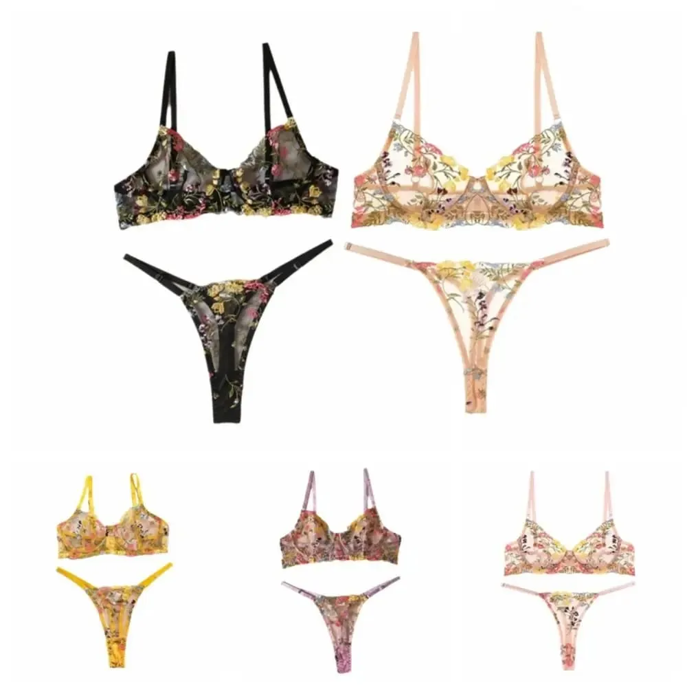 Versatile Transparent Lingerie Set Ultra-thin Elegant Panties Bra Set Push Up Embroidery Floral Underwear Honeymoon — image 2