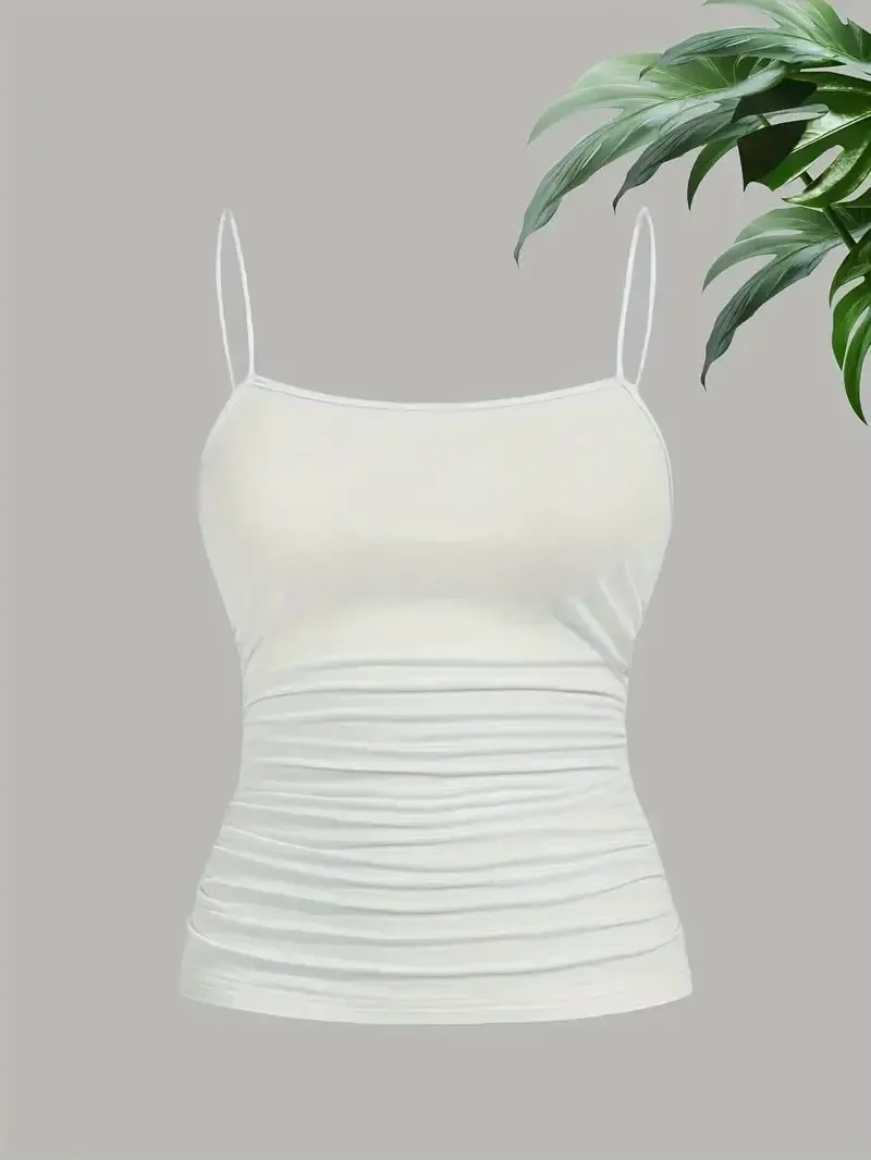 Women Elegant Thin Strap Ruched Cami Top Slim Fit Sleeveless Camisole Soft Stretch Basic Tank Vest Summer Fashion Underwear Blac — image 4