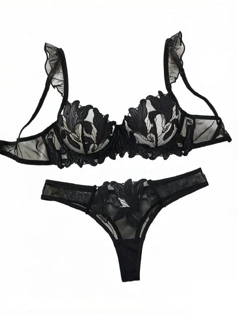 A4 Black 3D Floral Embroidery Lingerie Set Women Ruffle Underwire Bra & Thong Set Sheer Mesh Sexy Romantic Intimate Underwear — image 2