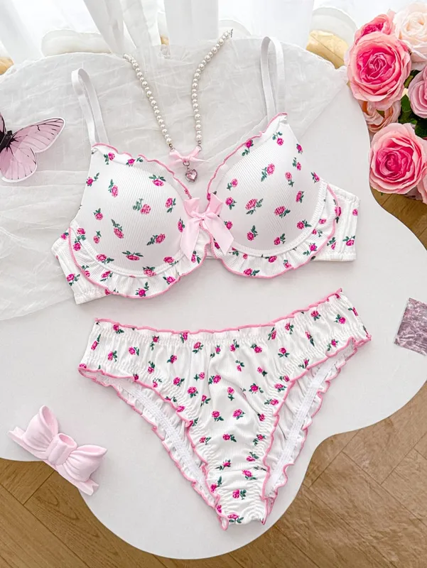 Cute Floral Pattern Women's Underwear Set Stylish Bow Ribbed Bra Soft Ladies Panties Ruffled Trim A B C D Cup Women's Bra