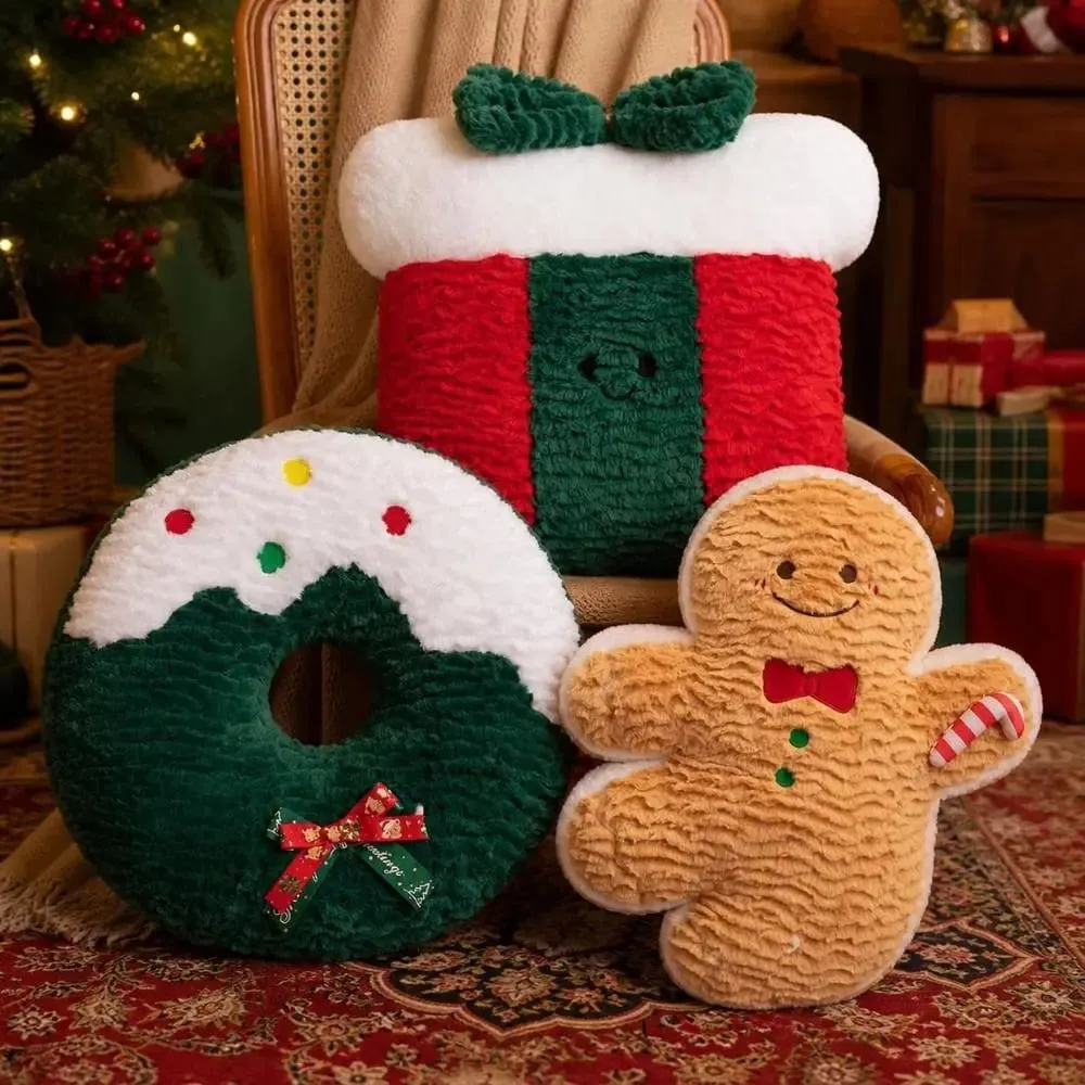 Cute Creative Shape Christmas Pillow Seasonal Pattern Soft Gingerbread Man Cushion Comfortable Waist Cushion Home Decor — image 3