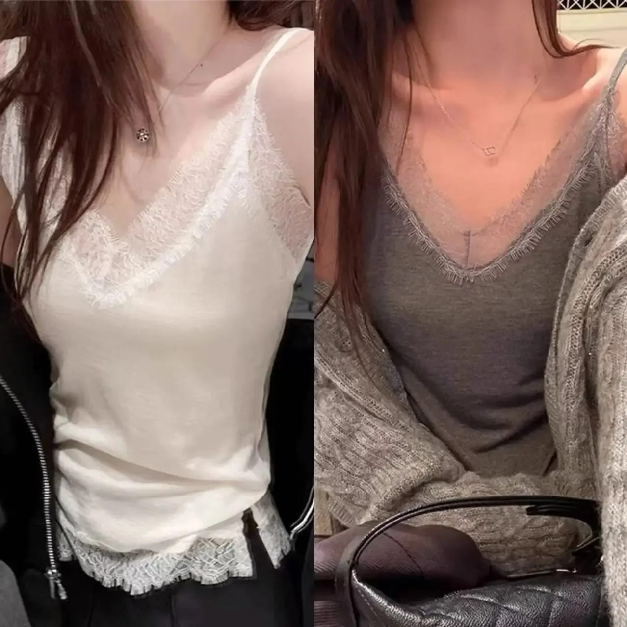 Pure Cotton Lace V-Neck Strap Vest Women's Spring Summer New plus Size Slim Fit Outerwear Inner Match Sleeveless Top