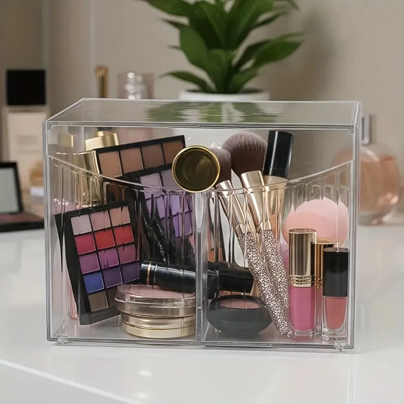 Clear Acrylic Makeup Brushes Holder with 2 Compartments and Flip Cover Makeup Tools Organizer Lipstick Holder Cosmetics Storage — image 5
