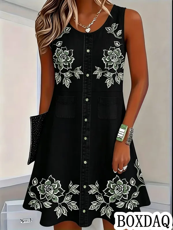 Women Vintage Pattern Flowers Print Dresses Summer Fashion Sleeveless Dress Casual Sundress Beach Loose Dress — image 10