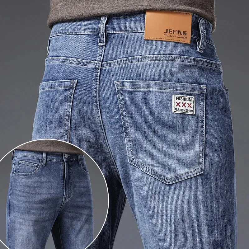 Men's Soft Stretch Straight Jeans Business Casual Slim Fit Wash Denim Pants Korean Fashion Blue Gray Male Brand Trousers — image 15