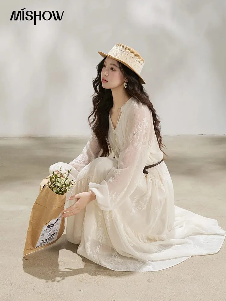 Embroidered Long Sleeve Maxi Dress with Belt 2026 Spring Tiered Ruffled V Neck Tassel Tie Solid Chiffon Dress MXF14L2562