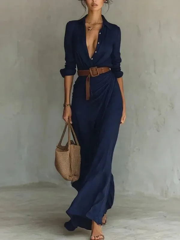 2025 New Autumn Woman Sexy Deep V Neck Hollow Long Dress Elegant Solid Belted Irregular Party Long Sleeve Slim Casual Dresses — image 8