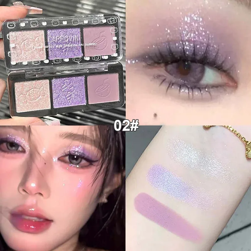 3-Color Glitter Eyeshadow Strip Palette Brightening Waterproof Gradient Mint-green Summer Lying Silkworm Eye Pigment Makeup