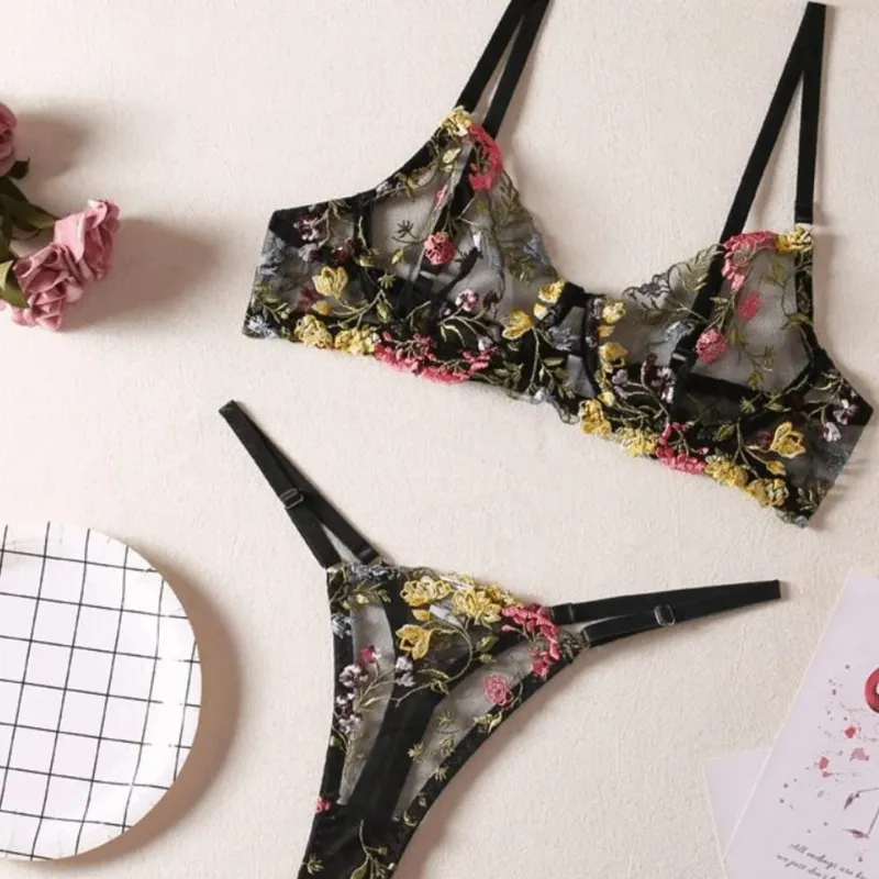 2-Piece Versatile Floral Lingerie Set Embroidery Sheer Boho Bra Panty Set Intimates