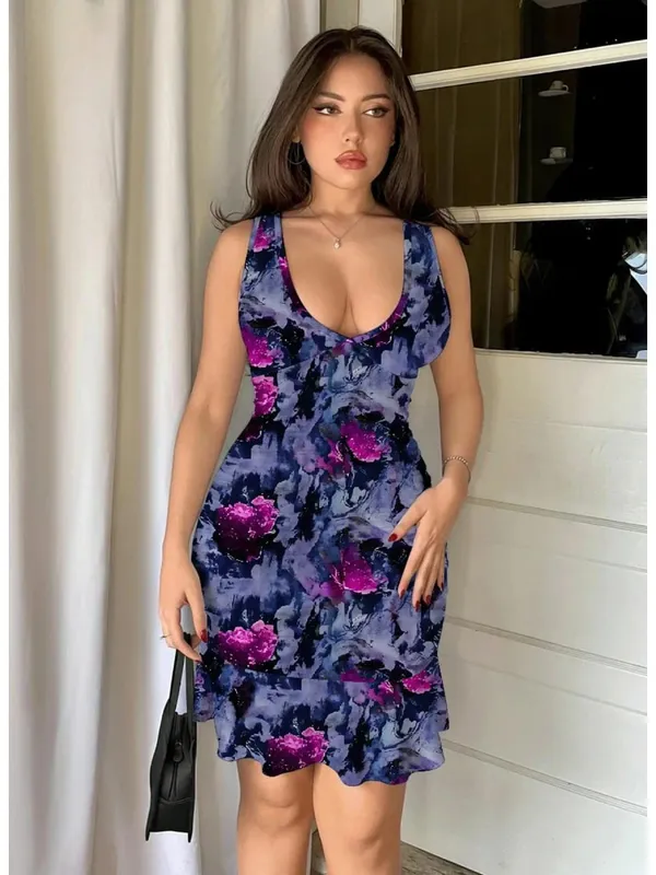Gradient Floral Sleeveless Deep V Bodycon Dress Sexy Fitted Waist Ruffle Hem Evening Wear Wrinkle-Resistant Polyester