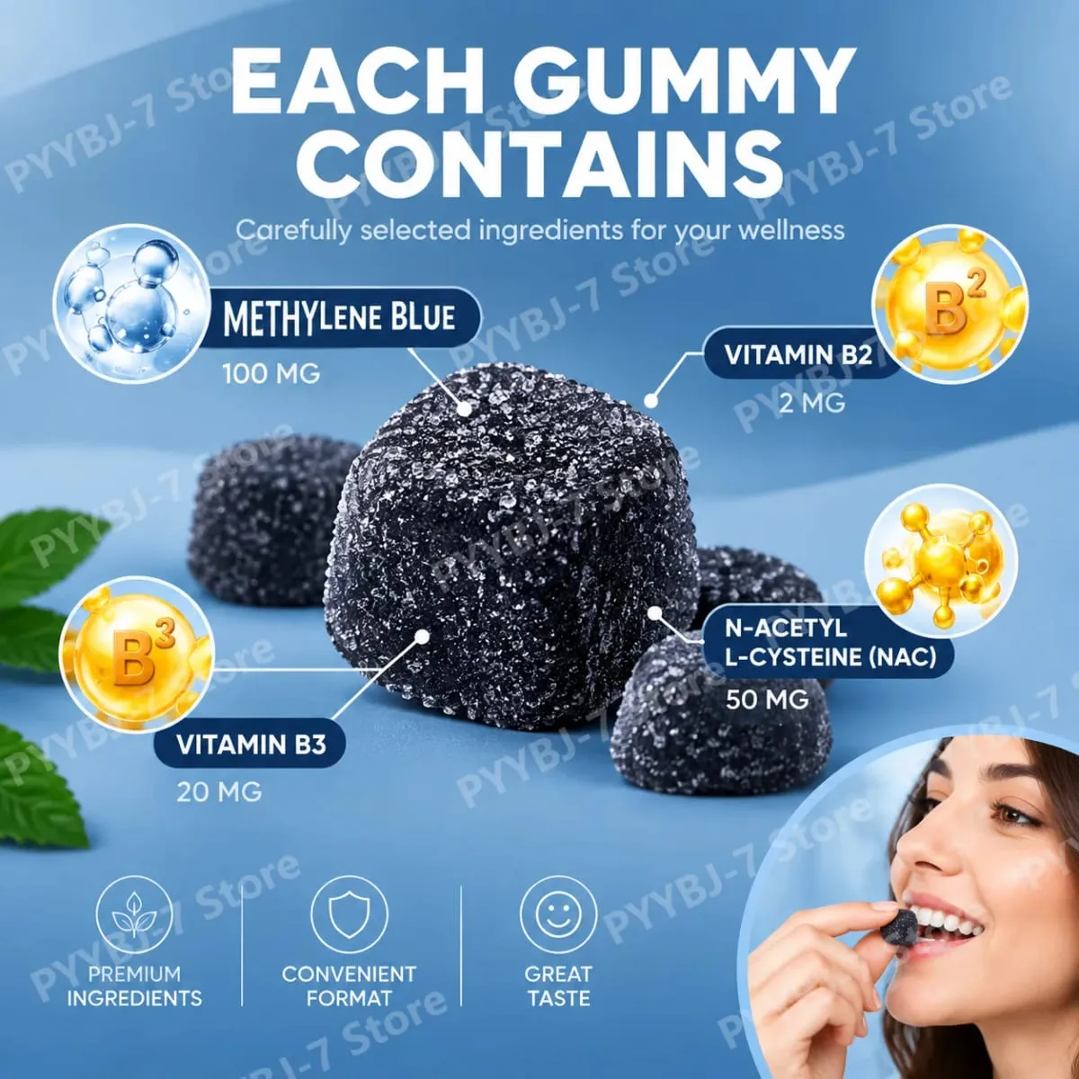 Methylene Blue Gummies with PQQ NAC Vitamin B2 & B3 Supports Cognitive Clarity & Cellular Energy Brain Nutrient for Adults 30Ct