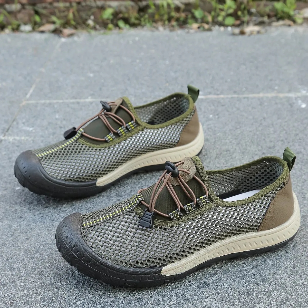 Men's Hollow Mesh Quick Toggle Lace Walking Trainers Striped Stitching Trim Wrapped Thick Rubber Toe Cap Outdoor Casual Shoes — image 1