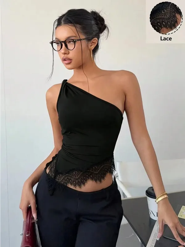 Women's Elegant Solid Color One-Shoulder Twist Vest with Lace Splicing Versatile Top for Vacation Party Beach Shopping Dati — image 8