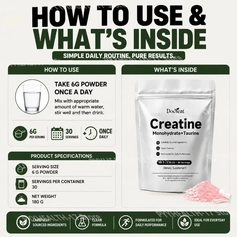Docteat Creatine Monohydrate+Taurine Powder for ATP Regeneration Speed and Phosphocreatine Store Support 30 Servings 180 G — image 4