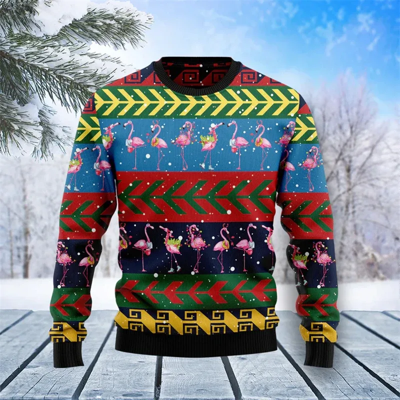 Funny Flamingo Graphic Ugly Christmas Sweater Autumn Holiday Wear 3D Printed Sweatshirt Loose Streetwear Pullovers Mens Clothing — image 2