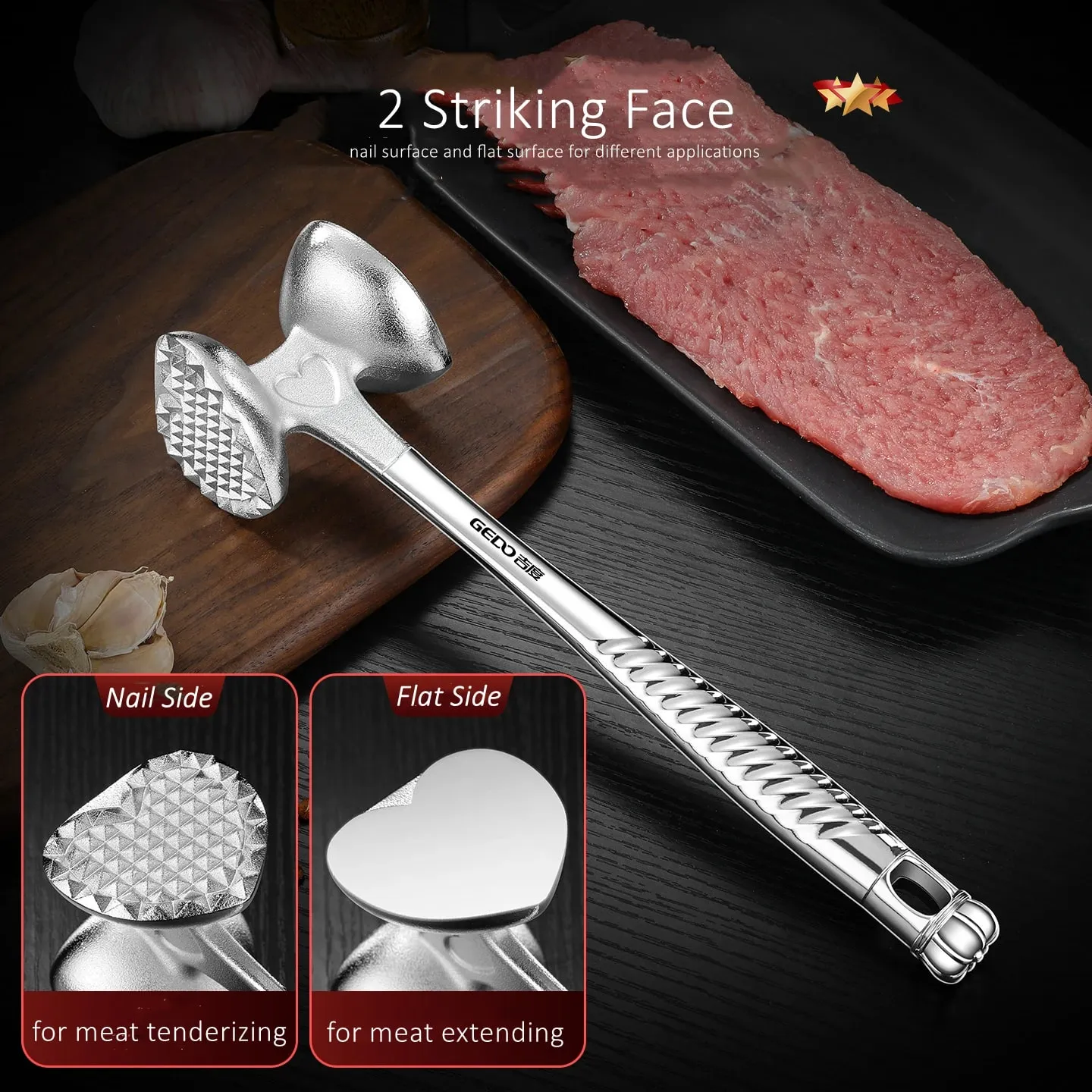 LFGB Certification Solid Alloy Meat Mallet 30° Tilt Ergonomic Strike Surface Steak Tenderizer Efficient Kitchen Cooking Tool — image 6
