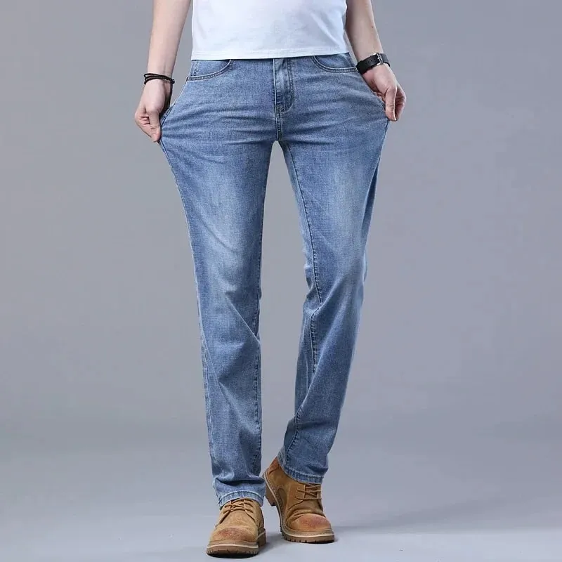 2026 Spring Summer Men's Slim Jeans Stylish Casual Stretch Fabric Denim Pants Classic Trousers Smoke Gray Plus Size 40
