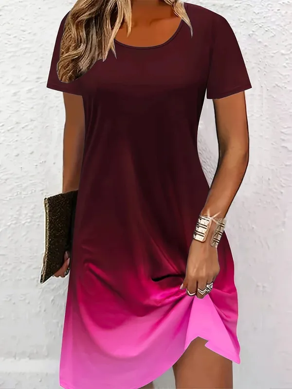 Fashion Blue Gradient Pattern Women Mini Dresses Summer Short Sleeve 3D Printed Street Ladies Dress 3XL Plus Size Casual Dress — image 2