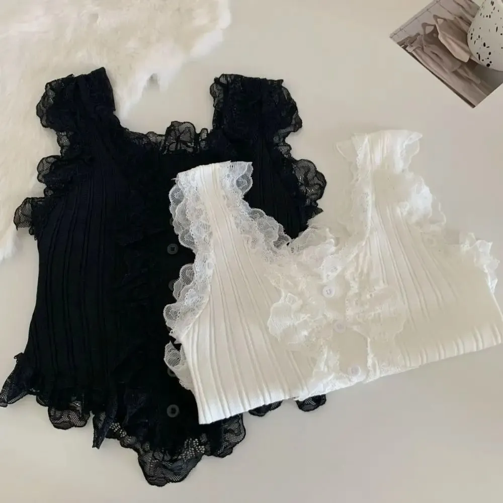 Süßes Y2k Spitze Strick Crop Top Tank Koreanischer Stil Damen Strickweste Top Unterhemd Süßes ärmelloses Leibchen Sommer