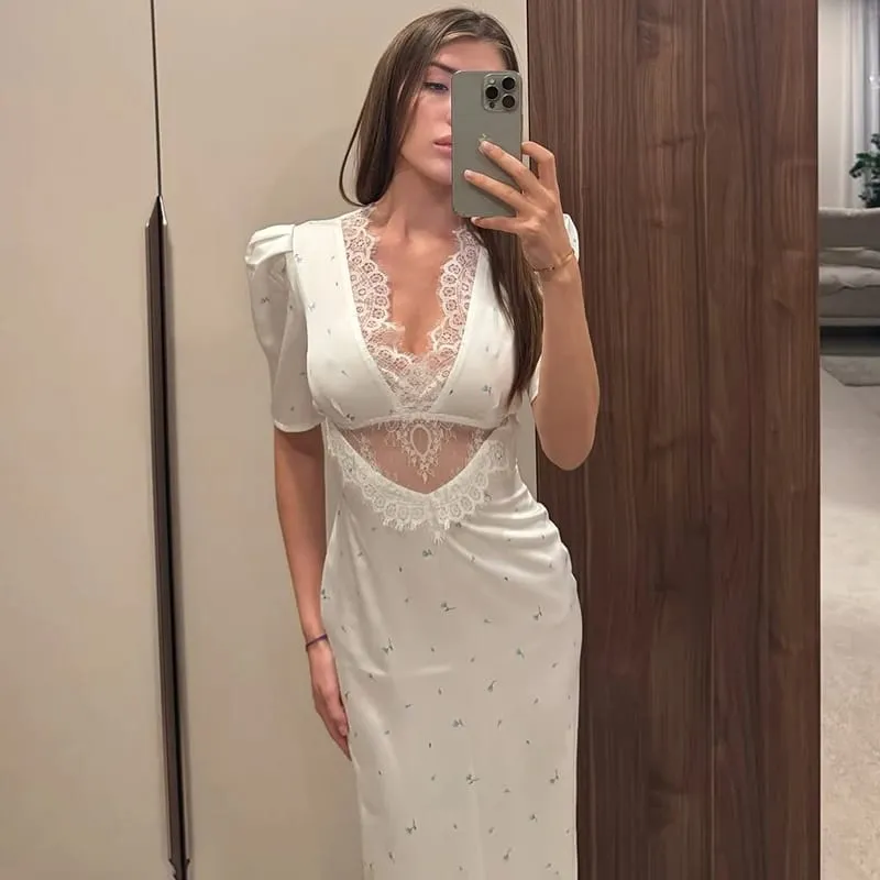 Sexy Hollow Lace Dress Women's Fashion Short Sleeve Elegant High Waist Slim Print Dress Summer Party Club Clothes Female 2026 — image 8