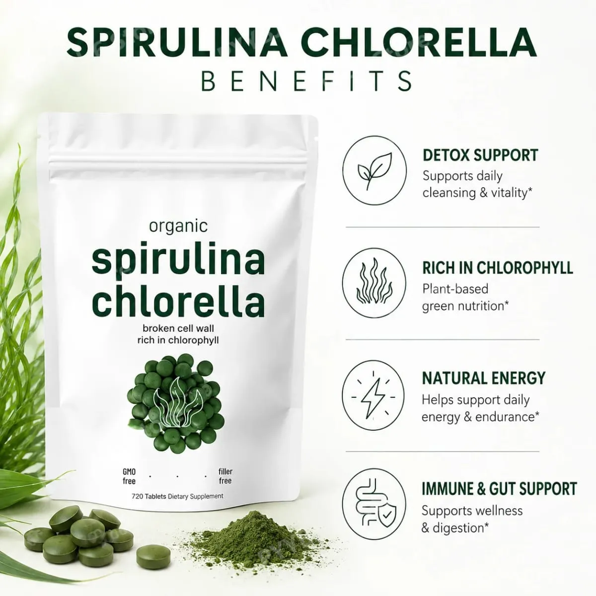 Organic Spirulina Chlorella Tablets 3000mg 720 Count Superfood Blend with Vegan Protein Energy Immunity Digestive Support — image 3