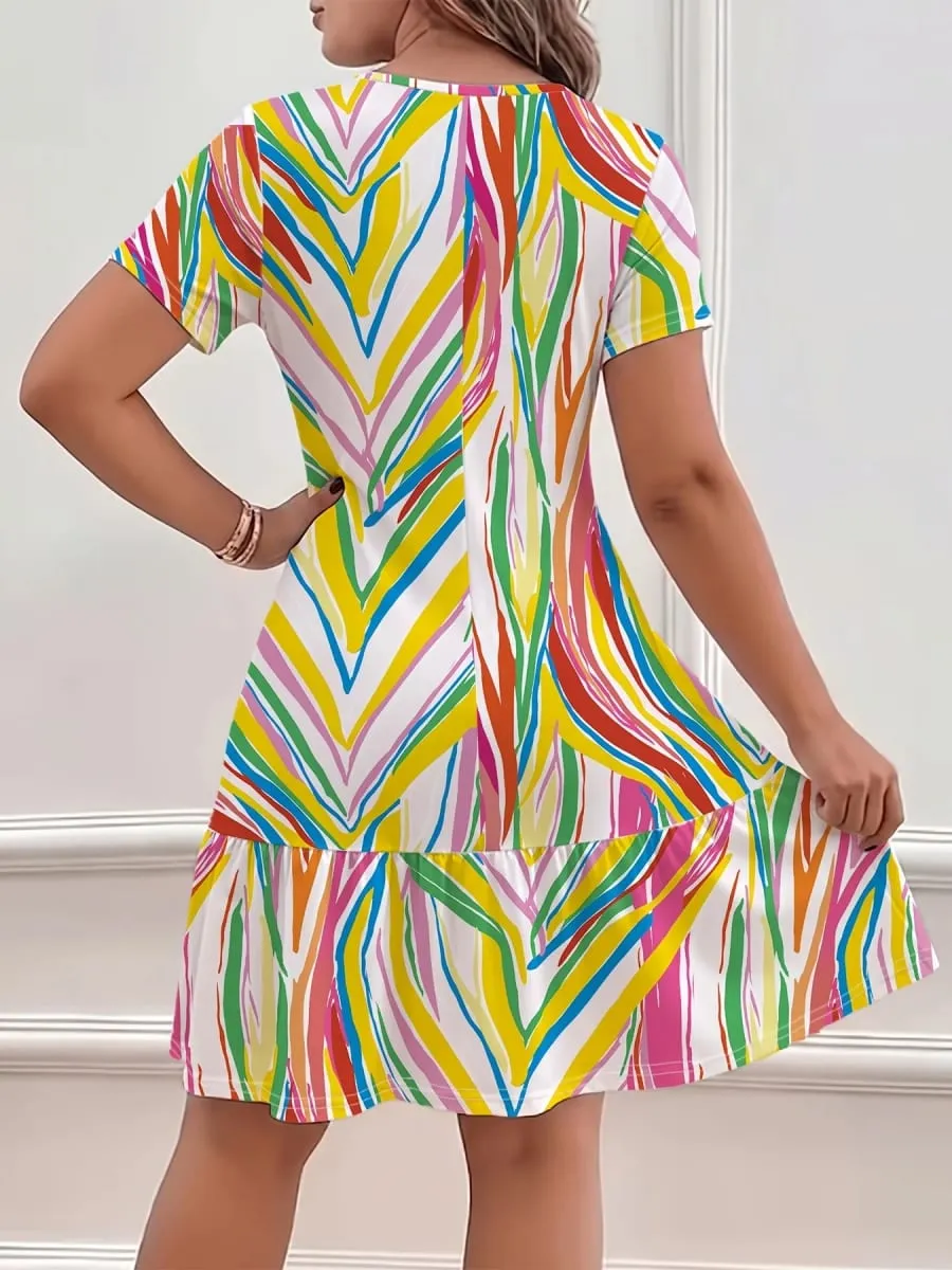 New Summer Women's Geometric Print Pattern Round Neck Short Sleeve Dress Comfortable Holiday Dress — image 2