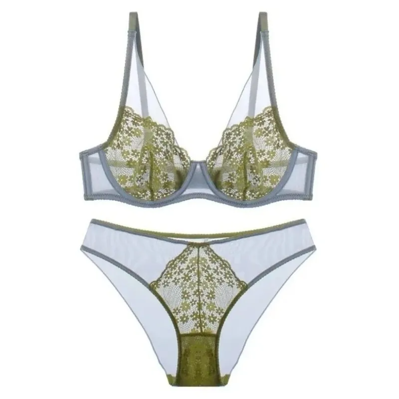 French Vintage Mesh Lace Flower Bra Set Brassiere Lingerie Mesh Bra Panties Kit Thin Seamless Push Up Bra Women Home