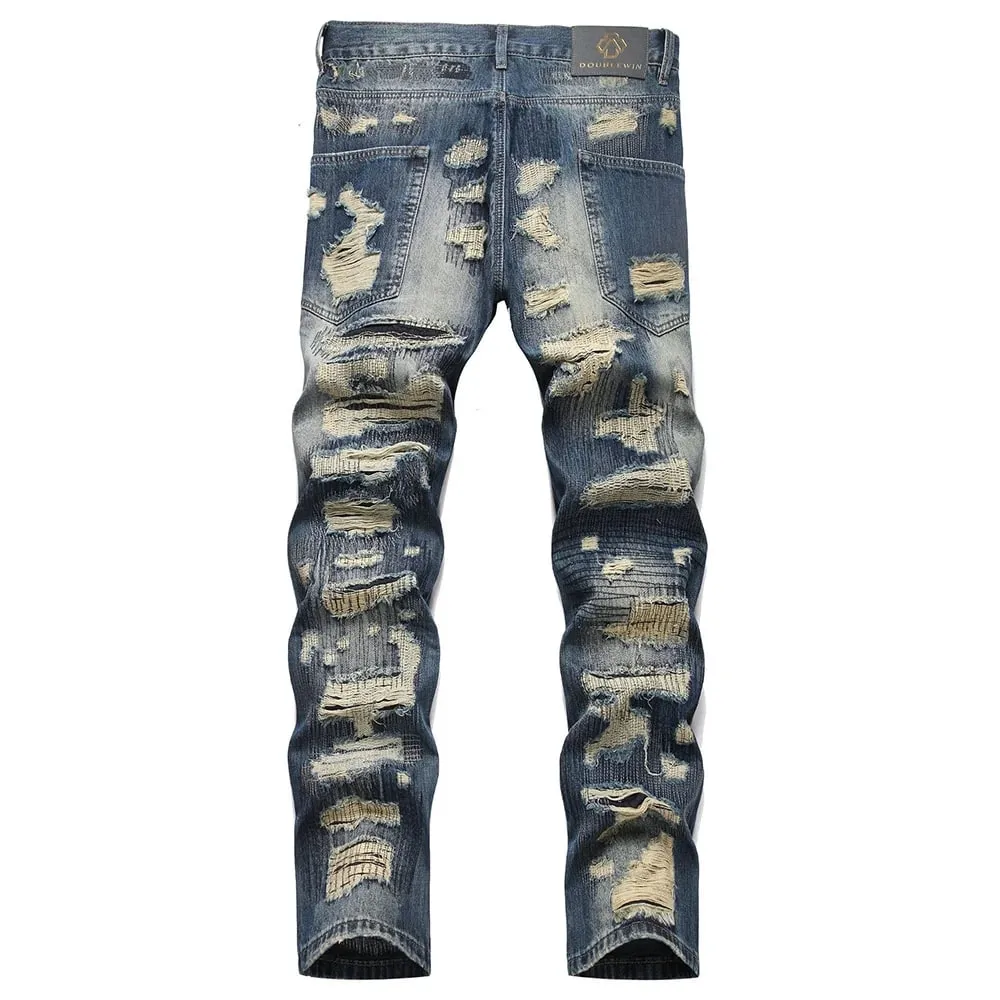 Men Ripped Denim Jeans Holes Distressed Patchwork Beggar Pants Embroidery Loose Straight Trousers — image 2