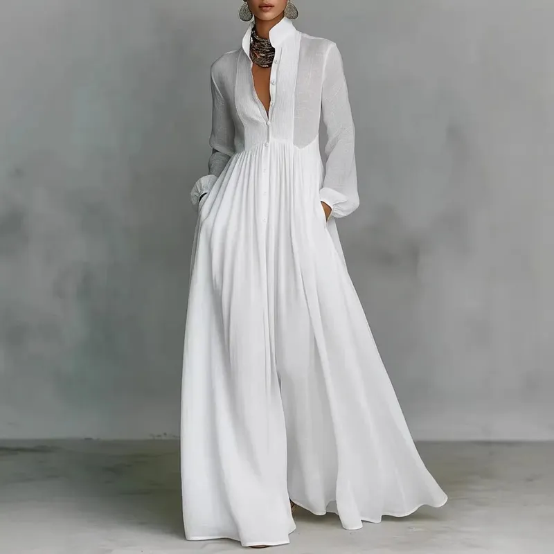 Women's Elegant Single Breasted Long Dress 2026 French High Waist Solid Pockets Pleated Maxi Evening Dress — image 8