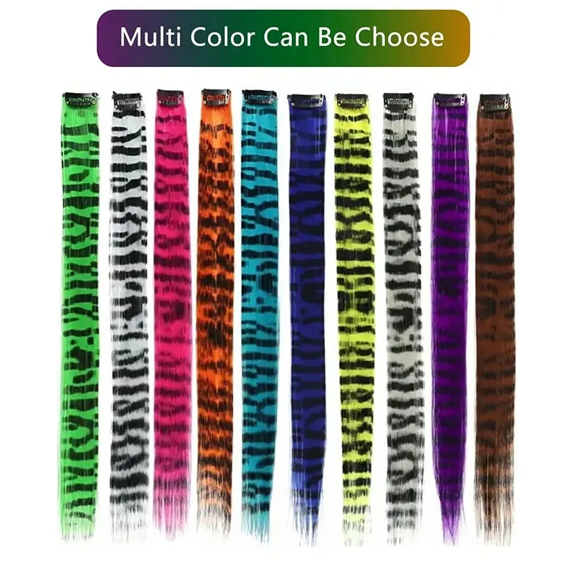 3Pcs Leopard Print Hair Extensions Synthetic Stripe Printed Hair Piece Colorful Long Straight Clip In Hair For Women Girls Party — image 7