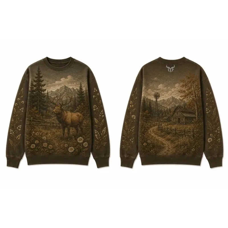 Wilderness Wildlife Print Crew Neck Sweatshirt Men Outdoor Vintage All Over Print Pullover Unisex Casual Street Long-sleeved Top — image 4